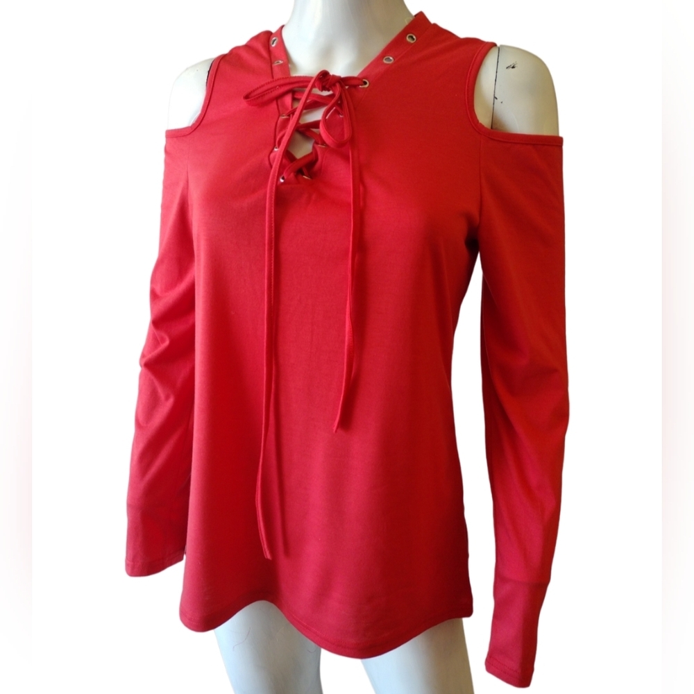 Unbranded Top Woman S Red Sexy Drawstring Front Long Sleeves Light Juniors